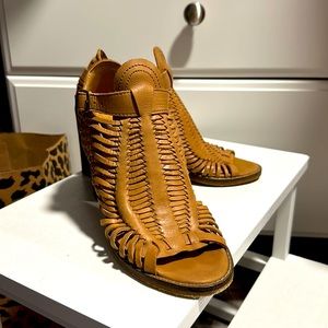 Naughty Monkey. Beige/Tan Huarache style block heels.
